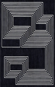 Black and white maze rug by Jt. Pfeiffer. Represented by Fine art and design gallery Tuleste Factory in New York City.