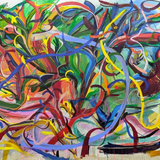 Gesturally abstract multi-color painting by American artist Joseph Conrad-Ferm. Represented by Tuleste Factory in New York City.