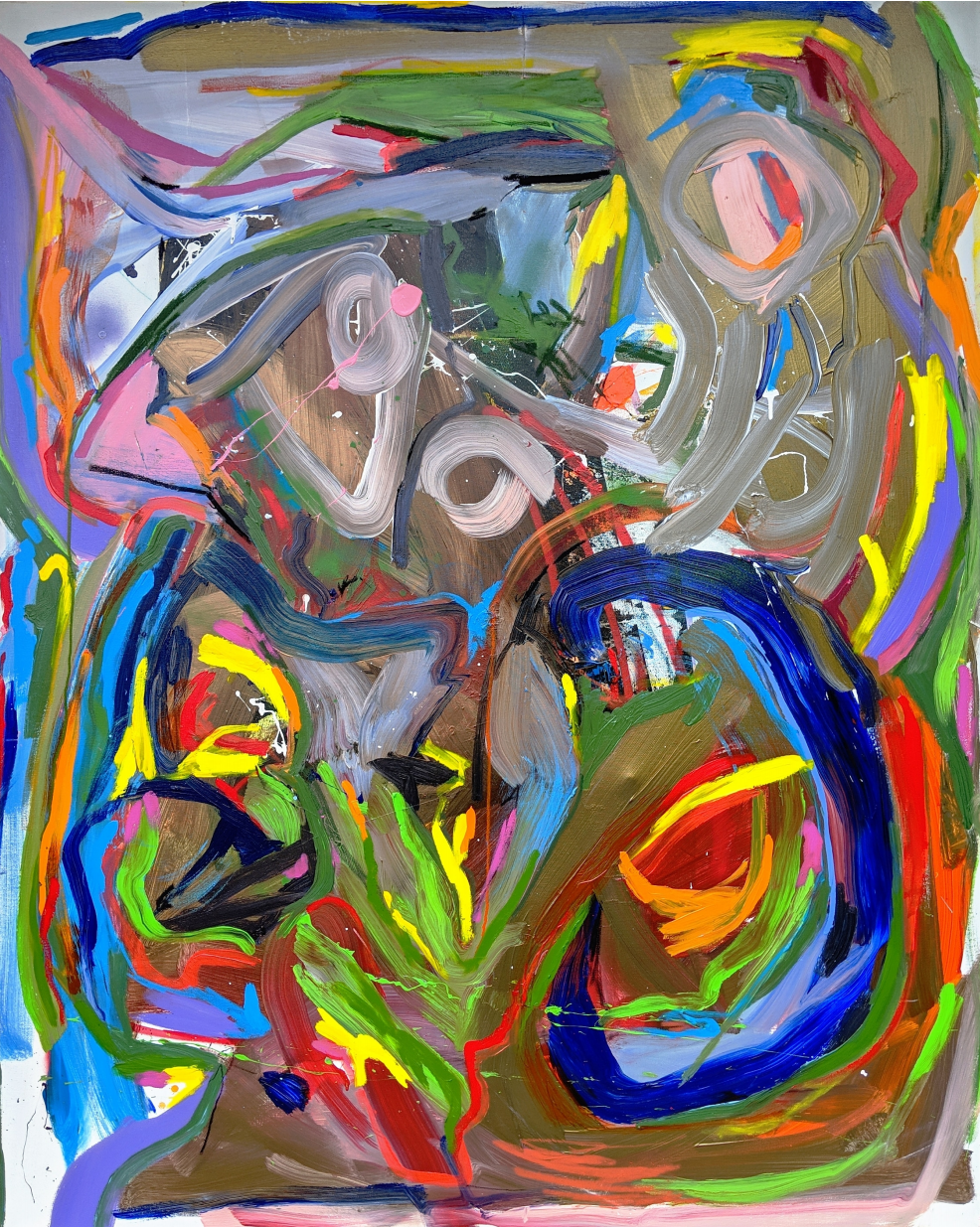 Multi color gesturally abstract mixed media painting by American artist Joseph Conrad-Ferm. Represented by Tuleste Factory in New York City.