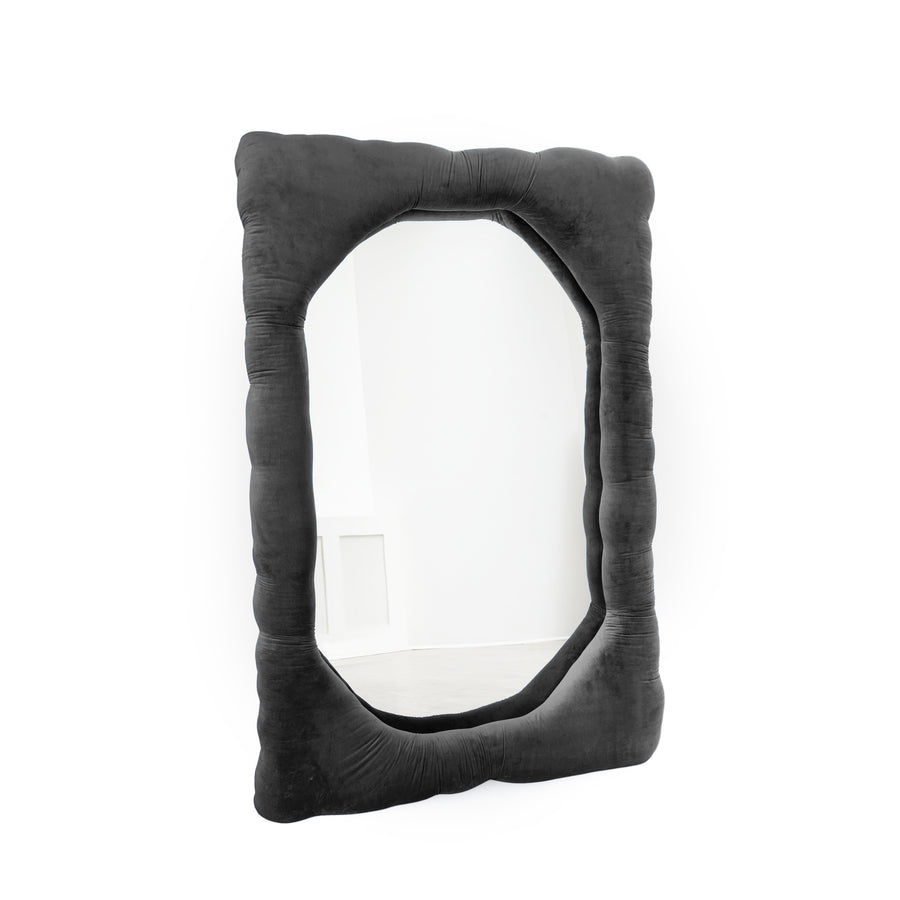 Bespoke velvet mirror in Gray, design by Brandi Howe. Represented by Tuleste Factory, an art & design gallery in Chelsea, New York city.