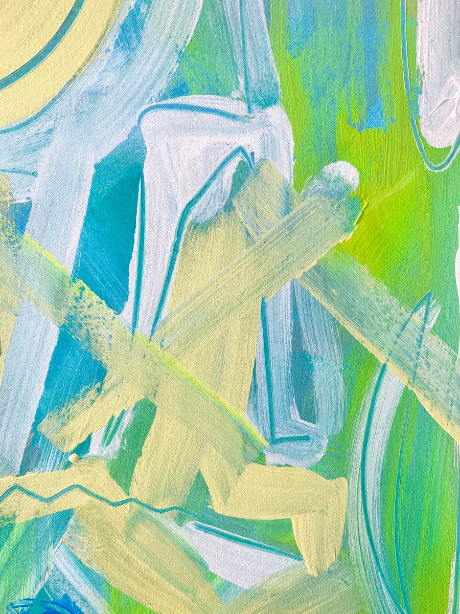 Green and yellow abstract painting by artist Casey Haugh represented by Tuleste Factory in New York City