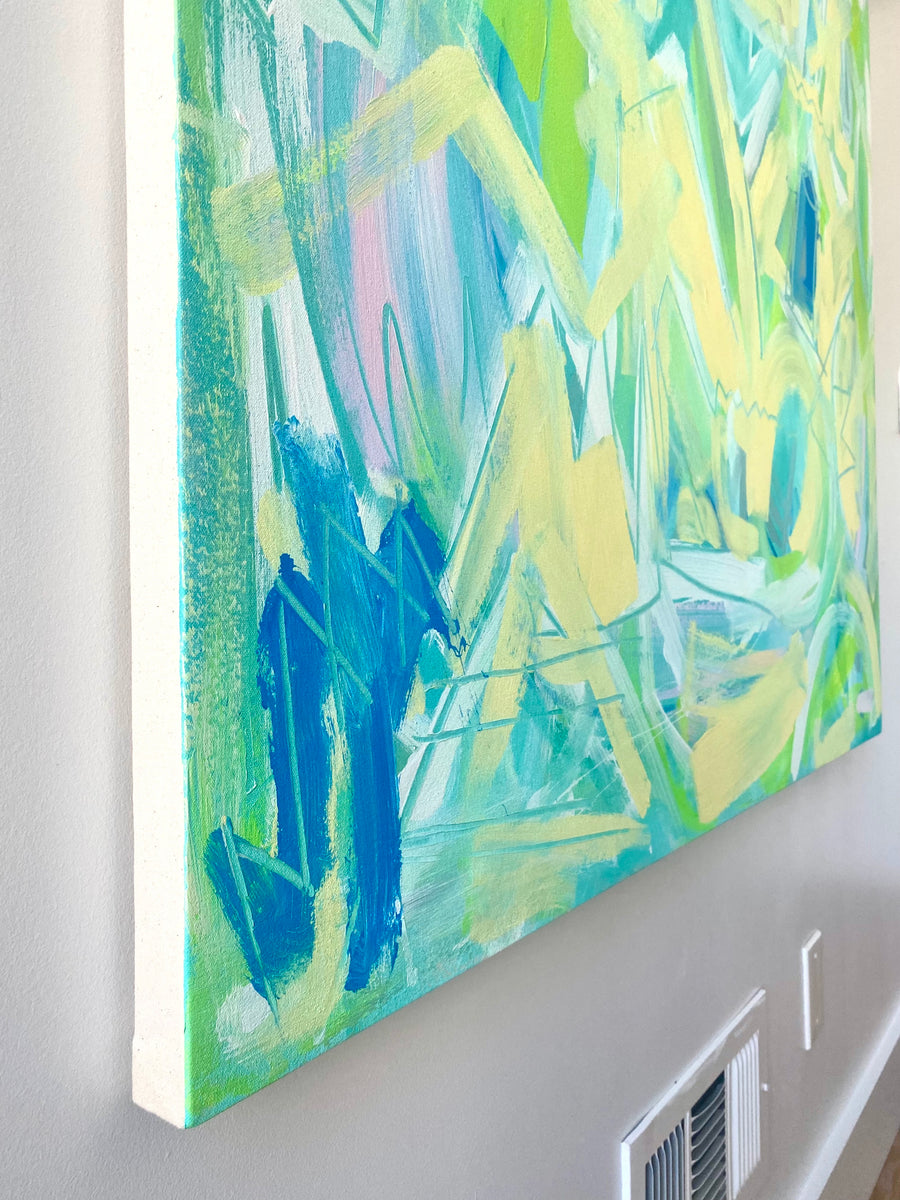 Green and yellow abstract painting by artist Casey Haugh represented by Tuleste Factory in New York City