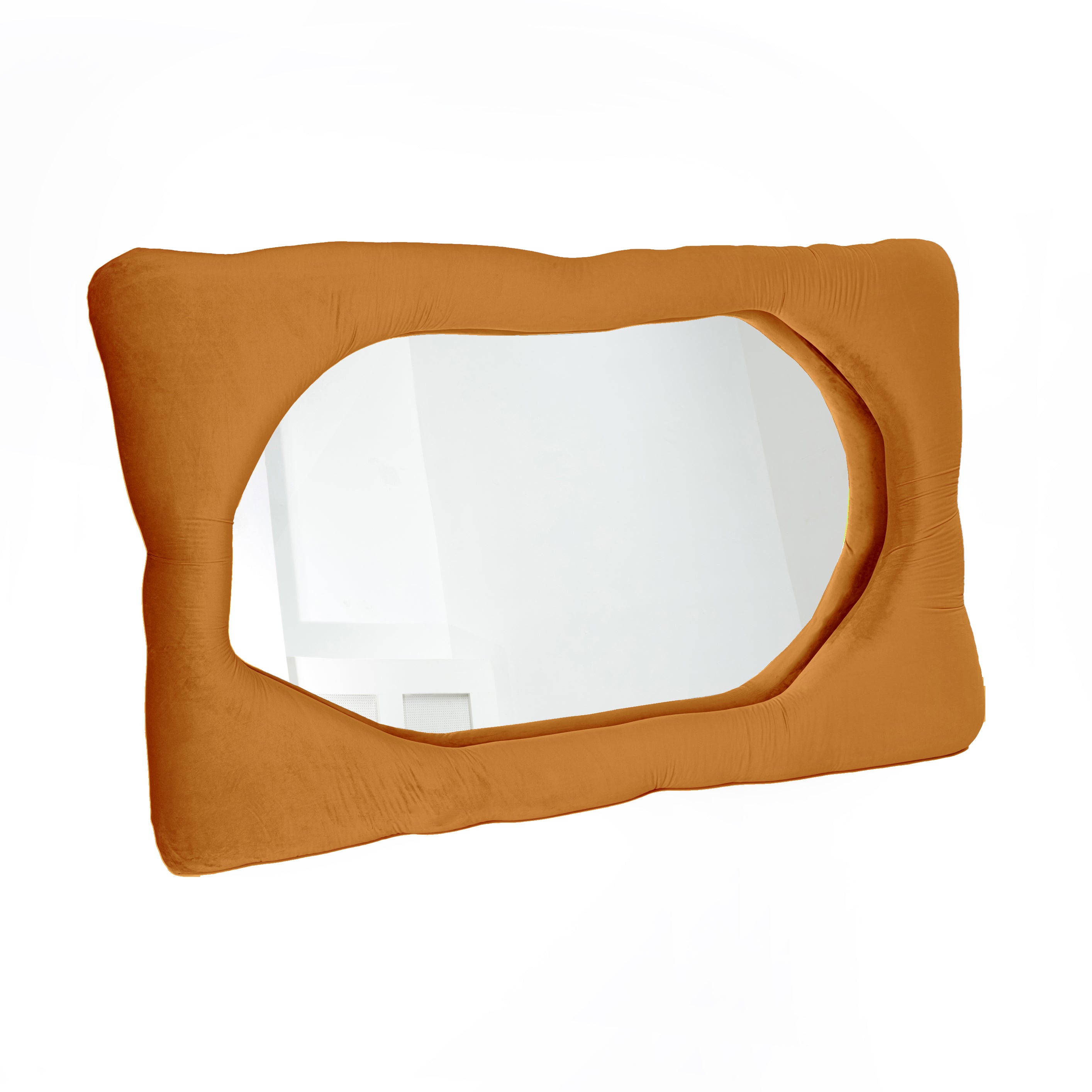 Bespoke velvet mirror in Orange, design by Brandi Howe. Represented by Tuleste Factory, an art & design gallery in Chelsea, New York city.