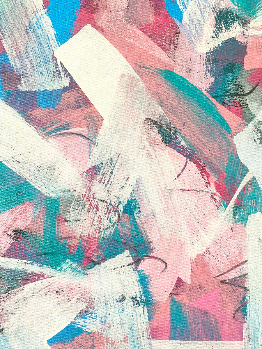 Blue, pink, and white abstract painting by artist Casey Haugh represented by Tuleste Factory in New York City