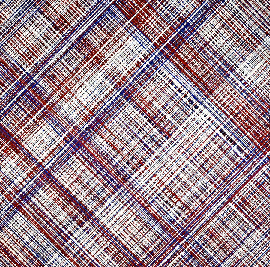 Red, white, and blue abstract drip painting in plaid pattern. Represented by Tuleste Factory in New York City.
