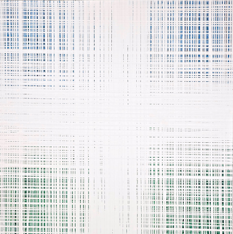 Green and blue abstract drip painting in plaid pattern by artist Jon James. represented by Tuleste Factory in New York City.
