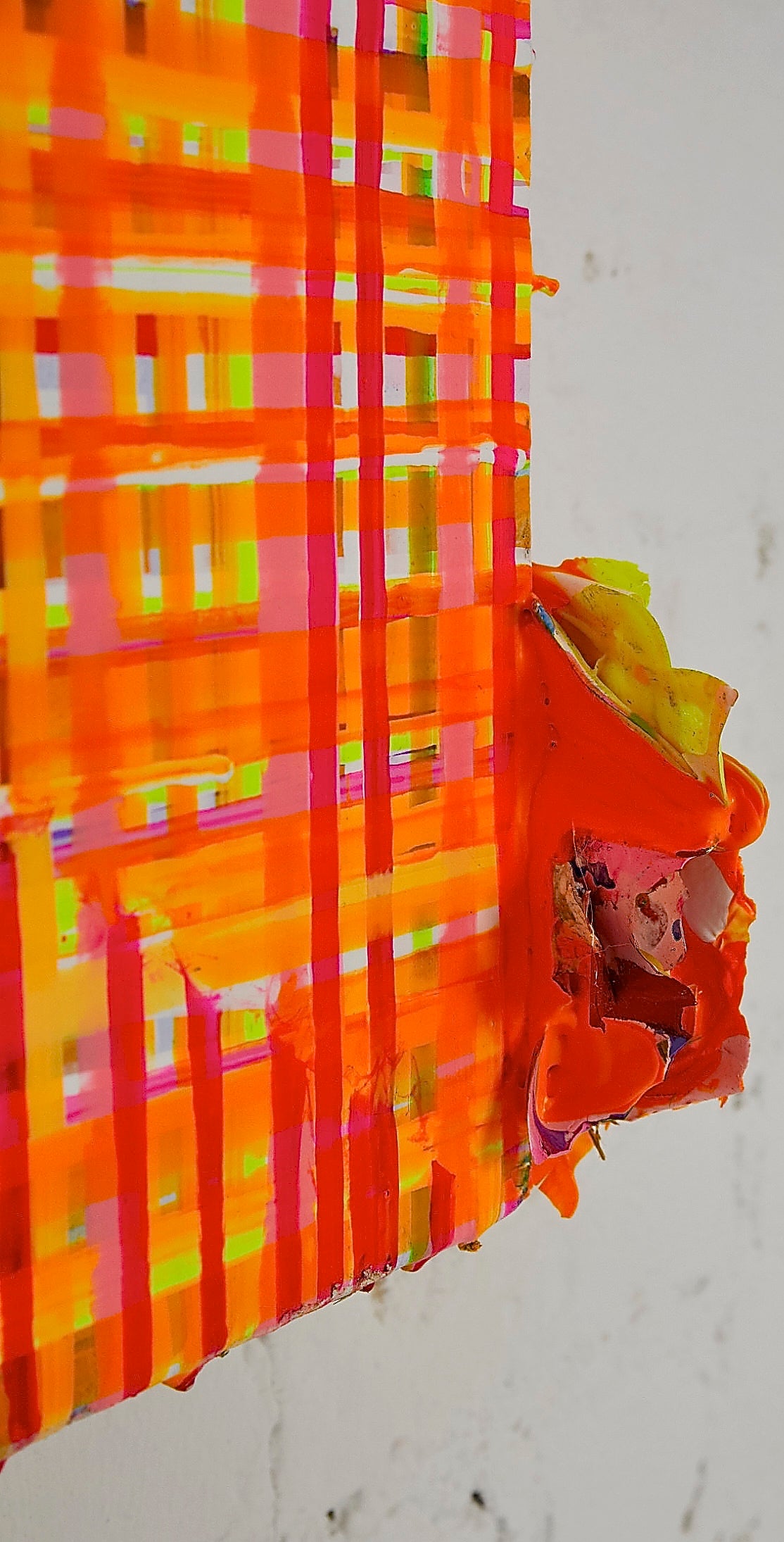 Close up detail of Orange and yellow abstract drip painting by New York Artist Jon James. Represented by art gallery Tuleste Factory in Chelsea, NYC.