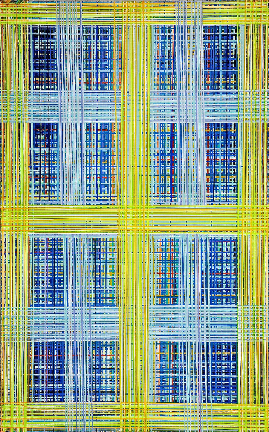 Green and blue abstract drip painting in plaid pattern by New York artist Jon James. Available through art gallery Tuleste Factory in Chelsea NYC.
