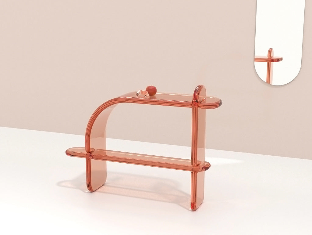 Contemporary and chic transparent resin console in pink by artist Ian Alistair Cochran. Represented by collectible design gallery Tuleste Factory in New York City.