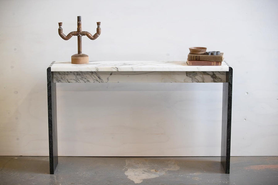 Luxury designer green and white marble console. Represented by collectible design gallery Tuleste Factory in New York City.