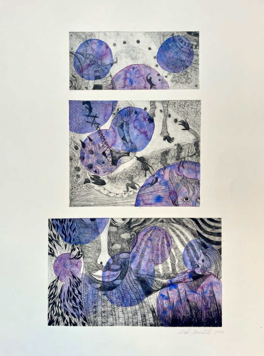 This dry point and monoprint artwork on paper features bright and vivid abstract cosmic figures. The artwork is created by Maki Yamamoto. Represented by Tuleste Factory, a design and fine art gallery in Chelsea.