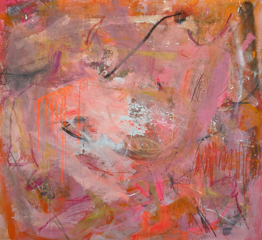 Pink and orange gesturally abstract painting by artist Joseph Conrad-Ferm. Represented by Tuleste Factory in New York City.
