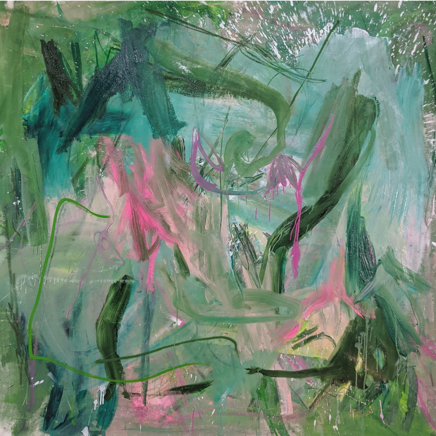 Mint, green, teal, and Pink gesturally abstract painting by Connecticut artist Joseph Conrad-Ferm. Represented by art gallery Tuleste Factory in New York City.