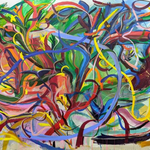 Gesturally abstract multi-color painting by American artist Joseph Conrad-Ferm. Represented by Tuleste Factory in New York City.