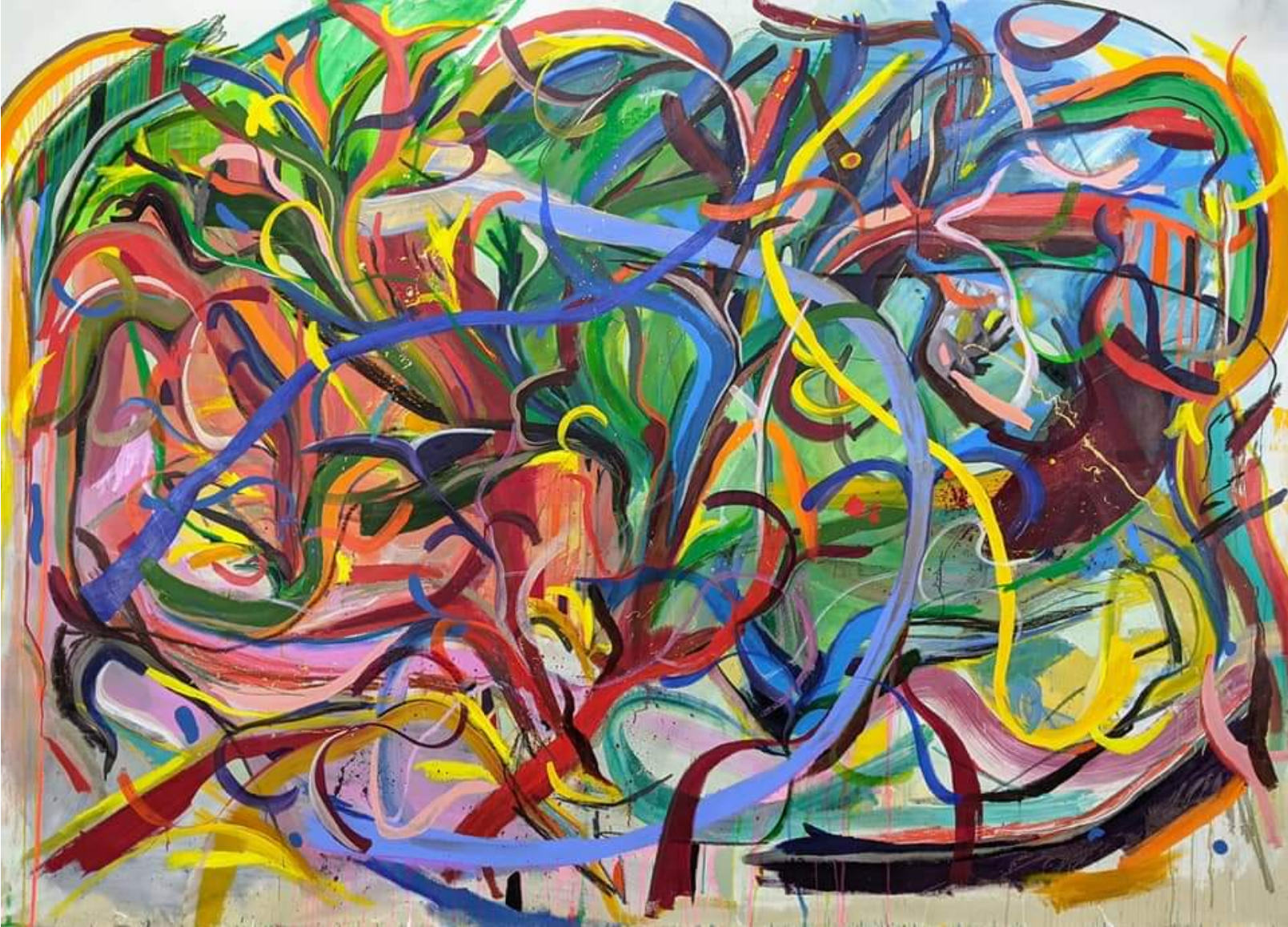 Gesturally abstract multi-color painting by American artist Joseph Conrad-Ferm. Represented by Tuleste Factory in New York City.