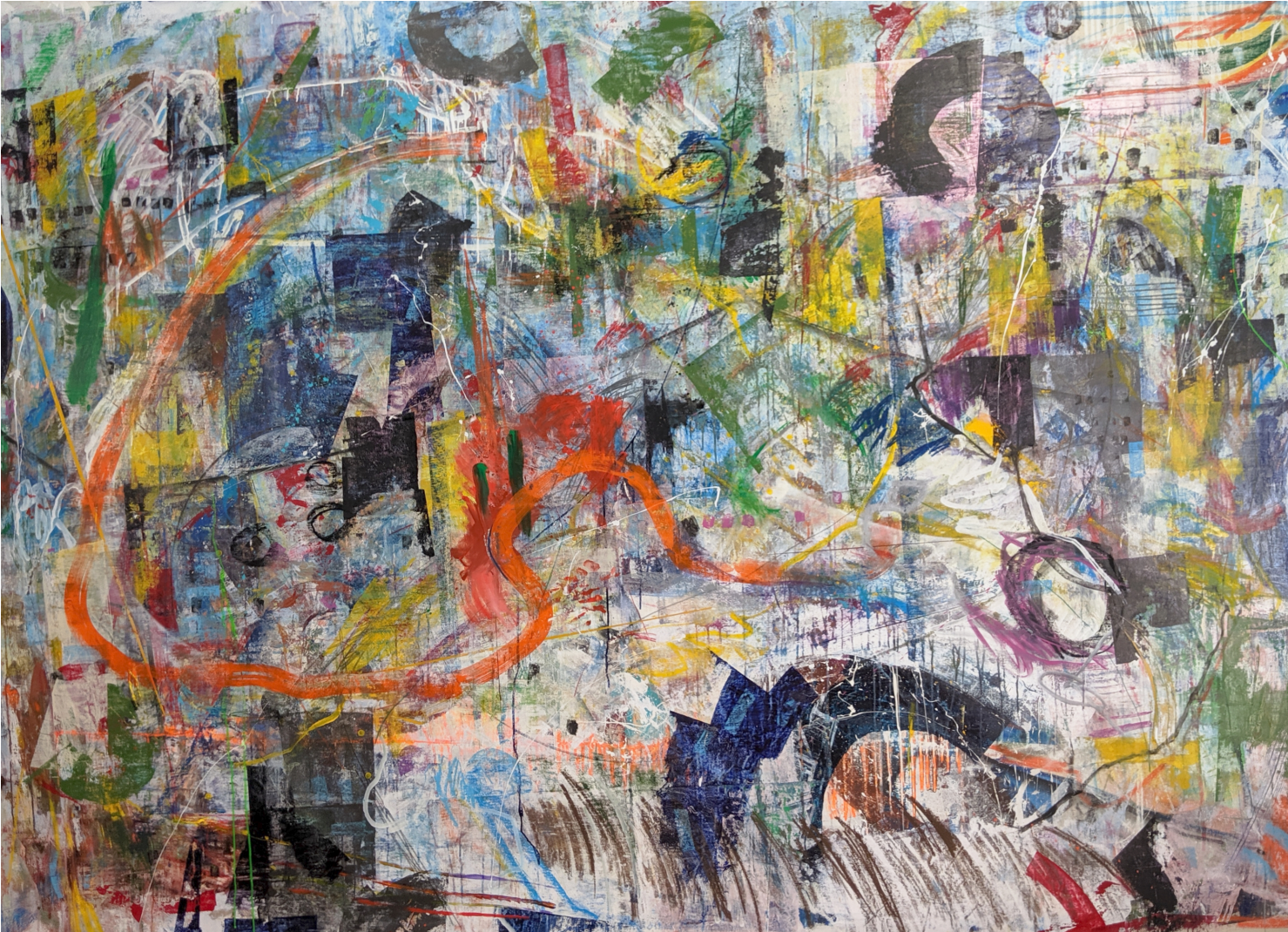 Unique gesturally abstract painting in multi color by artist Joseph Conrad-Ferm. Represented by Tuleste Factory in New York City.