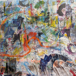 Unique gesturally abstract painting in multi color by artist Joseph Conrad-Ferm. Represented by Tuleste Factory in New York City.