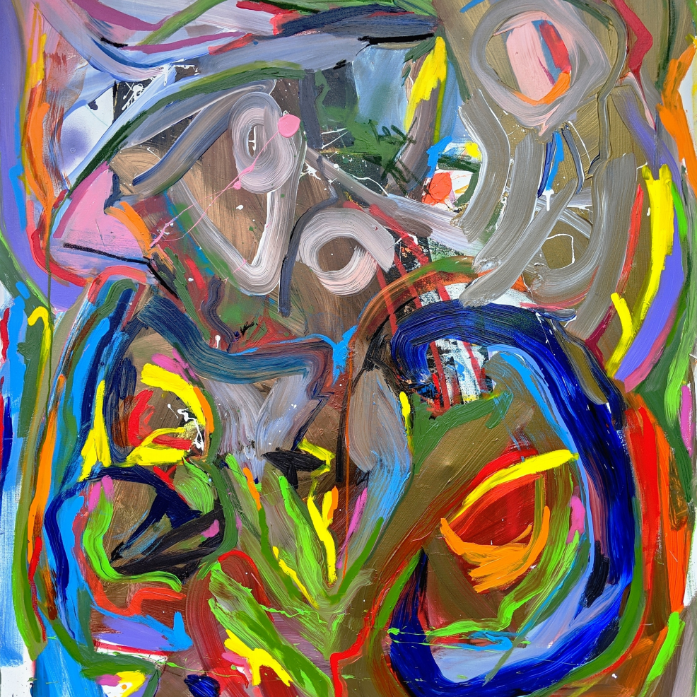 Multi color gesturally abstract mixed media painting by American artist Joseph Conrad-Ferm. Represented by Tuleste Factory in New York City.