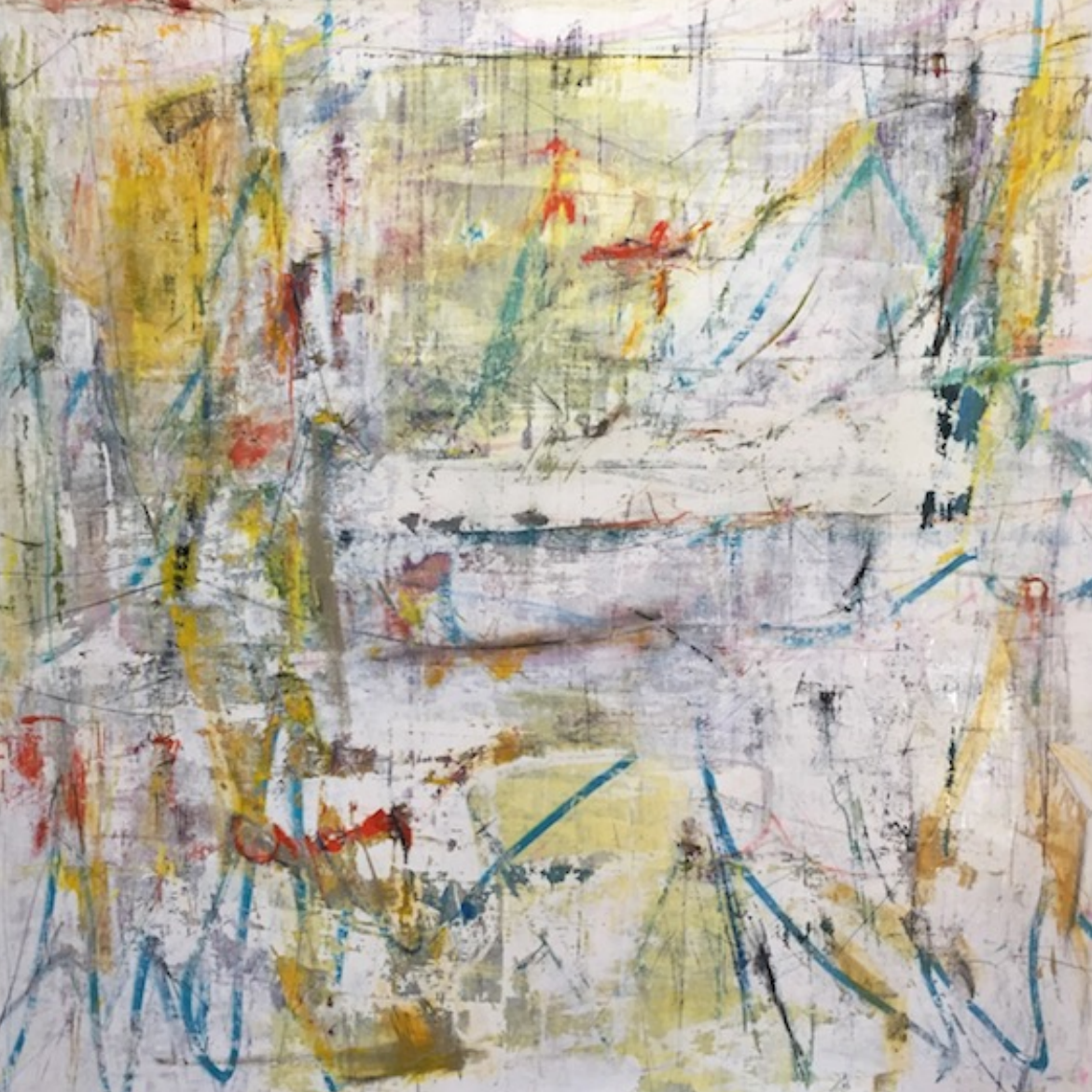 Textured yellow and white abstract painting by artist Joseph Conrad-Ferm. Represented by Tuleste Factory in New York City.
