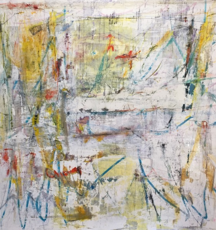 Textured yellow and white abstract painting by artist Joseph Conrad-Ferm. Represented by Tuleste Factory in New York City.