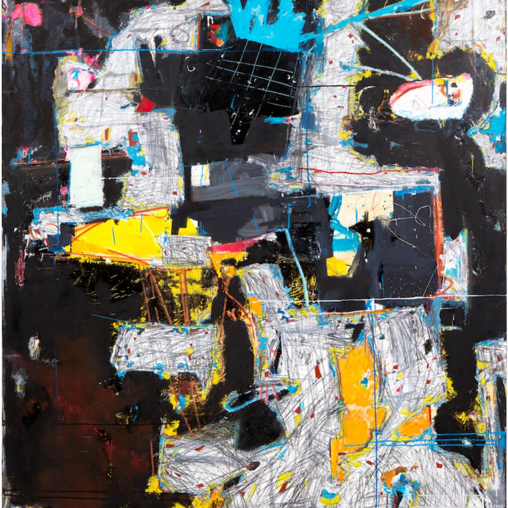 Black and pink and blue and yellow textured abstract painting by artist Joseph Conrad-Ferm. Represented by Tuleste Factory in New York City.