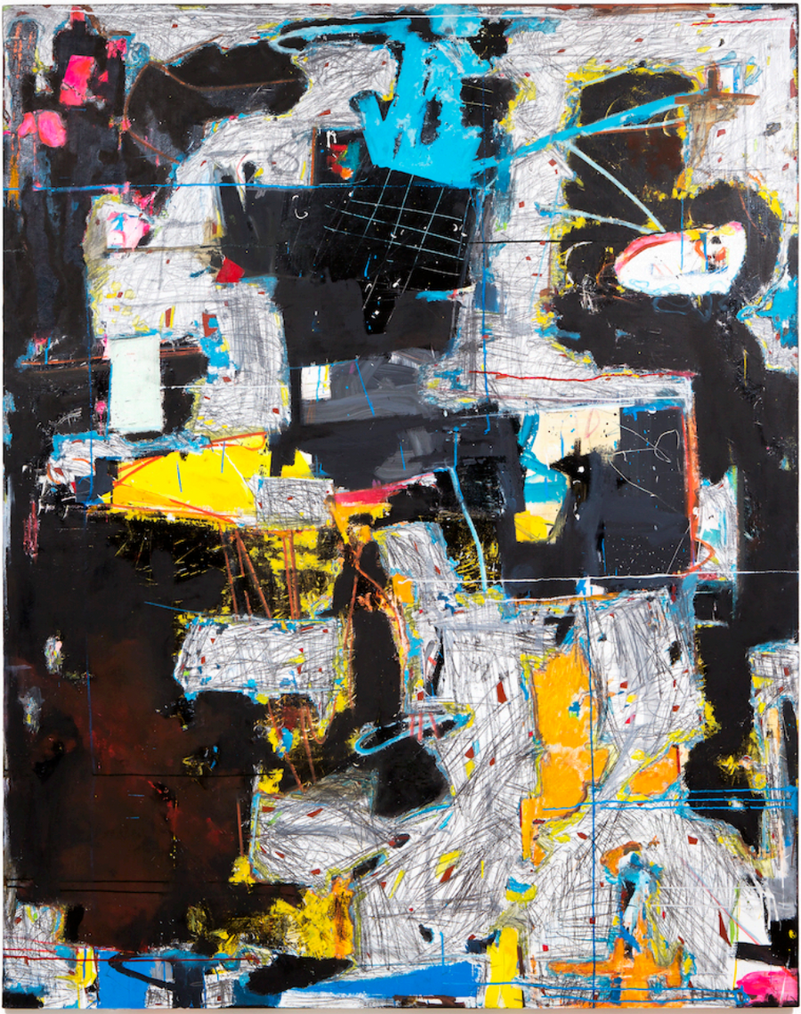 Black and pink and blue and yellow textured abstract painting by artist Joseph Conrad-Ferm. Represented by Tuleste Factory in New York City.