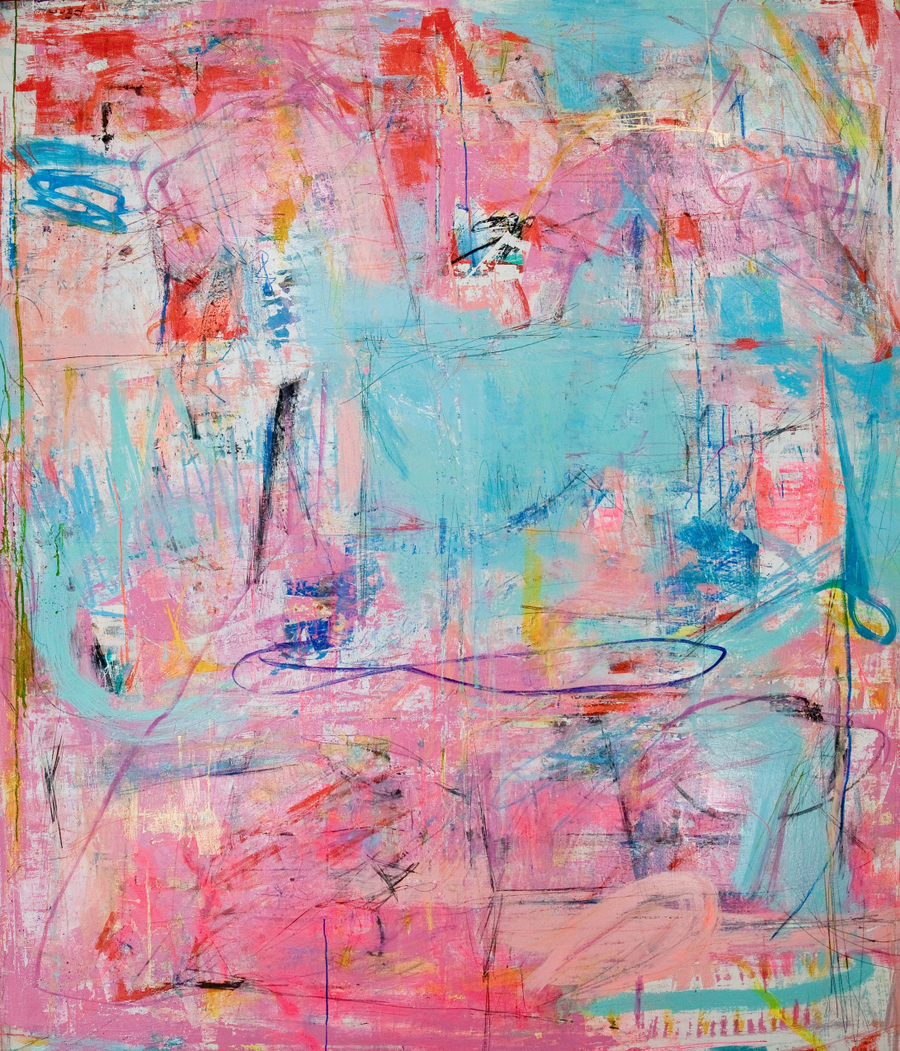 Pink and blue abstract painting by American artist Joseph Conrad-Ferm. Represented by Tuleste Factory in New York City.