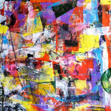 Purple, yellow, red, black, and white abstract painting by Joseph Conrad-Ferm. Represented by Tuleste Factory in New York City.
