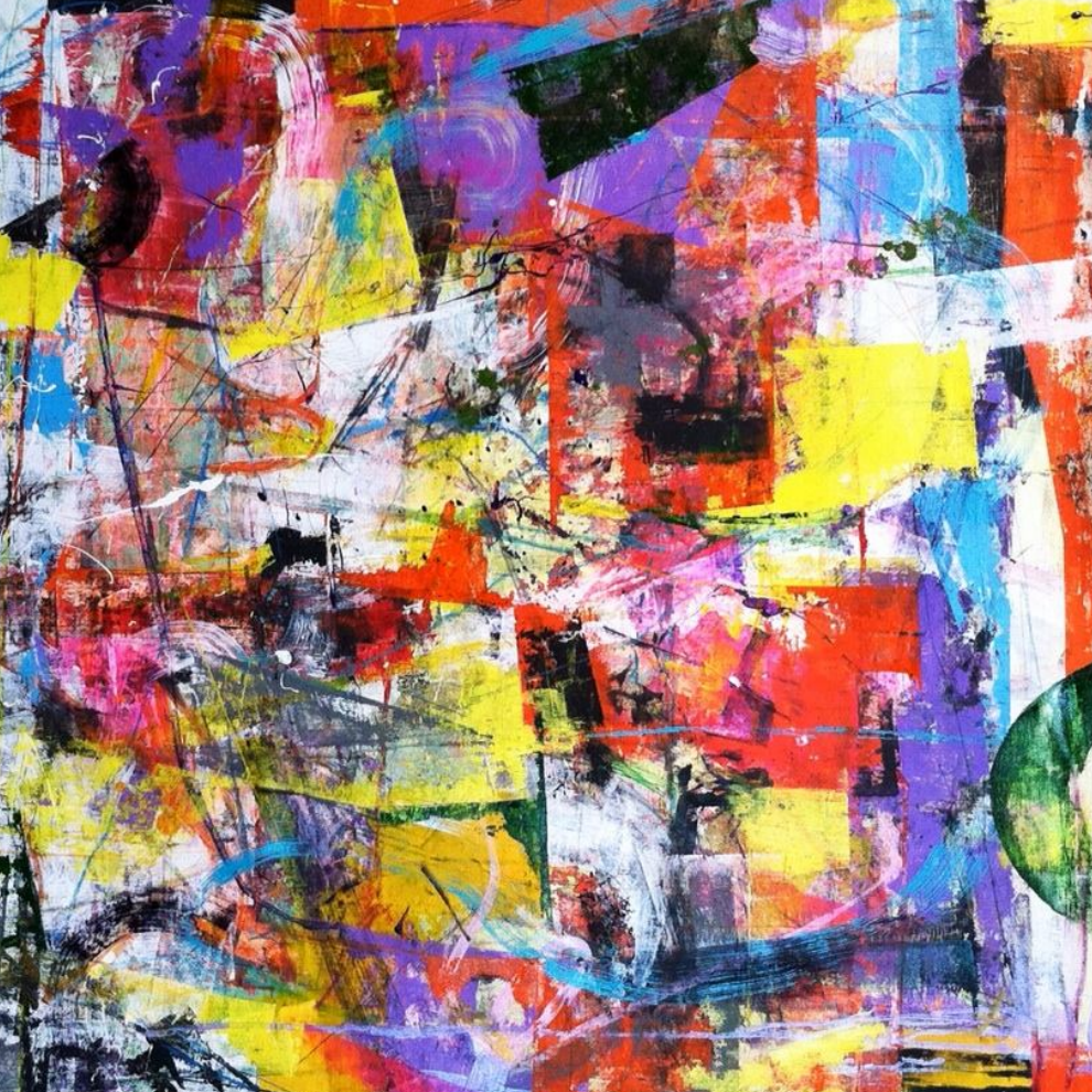 Purple, yellow, red, black, and white abstract painting by Joseph Conrad-Ferm. Represented by Tuleste Factory in New York City.