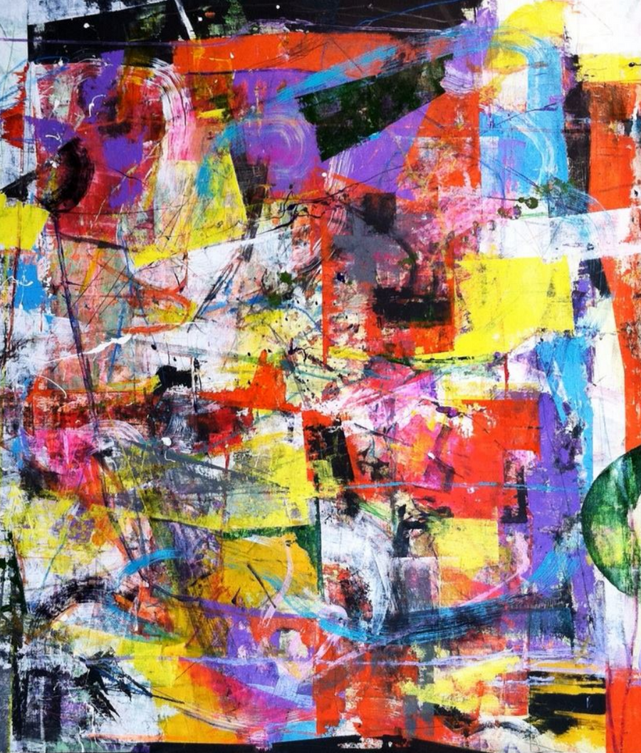 Purple, yellow, red, black, and white abstract painting by Joseph Conrad-Ferm. Represented by Tuleste Factory in New York City.