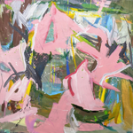 Pastel pink, blue, and yellow gesturally abstract painting by American Artist Joseph Conrad-Ferm. Represented by fine art gallery Tuleste Factory, in Chelsea, Manhattan.