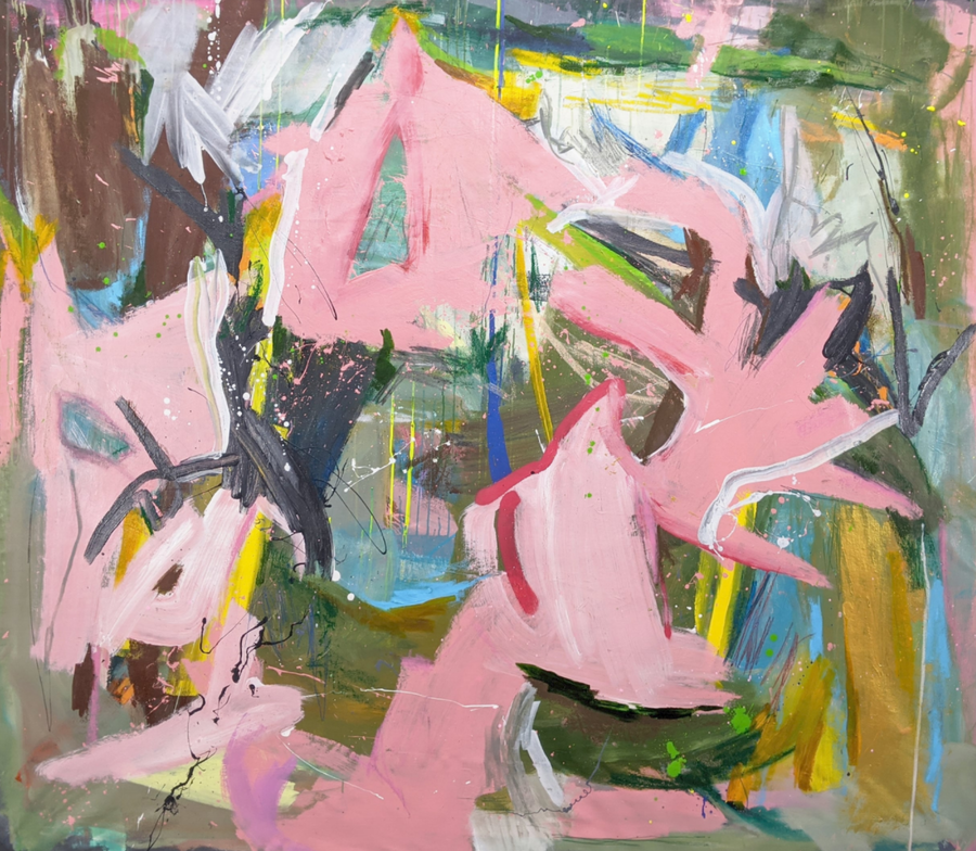 Pastel pink, blue, and yellow gesturally abstract painting by American Artist Joseph Conrad-Ferm. Represented by fine art gallery Tuleste Factory, in Chelsea, Manhattan.