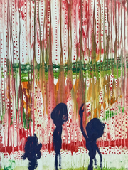 This bright and vivid artwork on paper is created using monoprint technique, featuring abstract human figures. The print is created by Maki Yamamoto. Represented by Tuleste Factory, a design and fine art gallery in Chelsea.