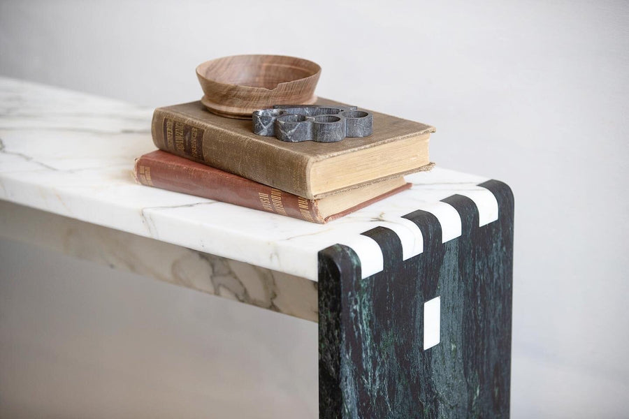 Luxury designer green and white marble console. Represented by collectible design gallery Tuleste Factory in New York City.