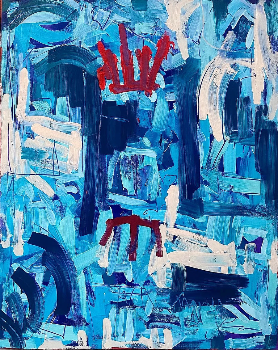 Vibrant blue and red abstract painting by artist Casey Haugh represented by Tuleste Factory in New York City