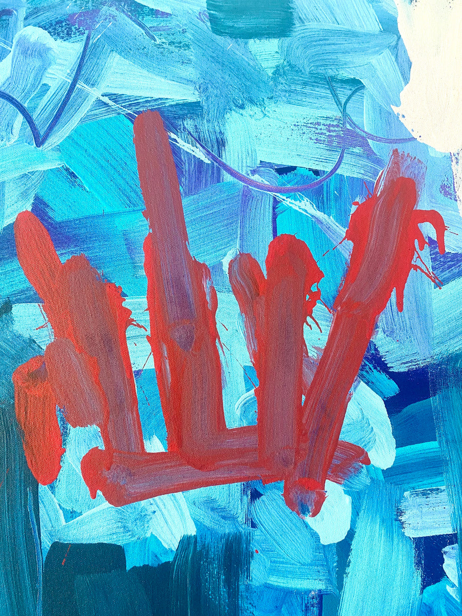 Vibrant blue and red abstract painting by artist Casey Haugh represented by Tuleste Factory in New York City