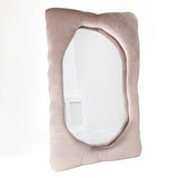 Bespoke velvet mirror in Coral Pink, design by Brandi Howe. Represented by Tuleste Factory, an art & design gallery in Chelsea, New York city.