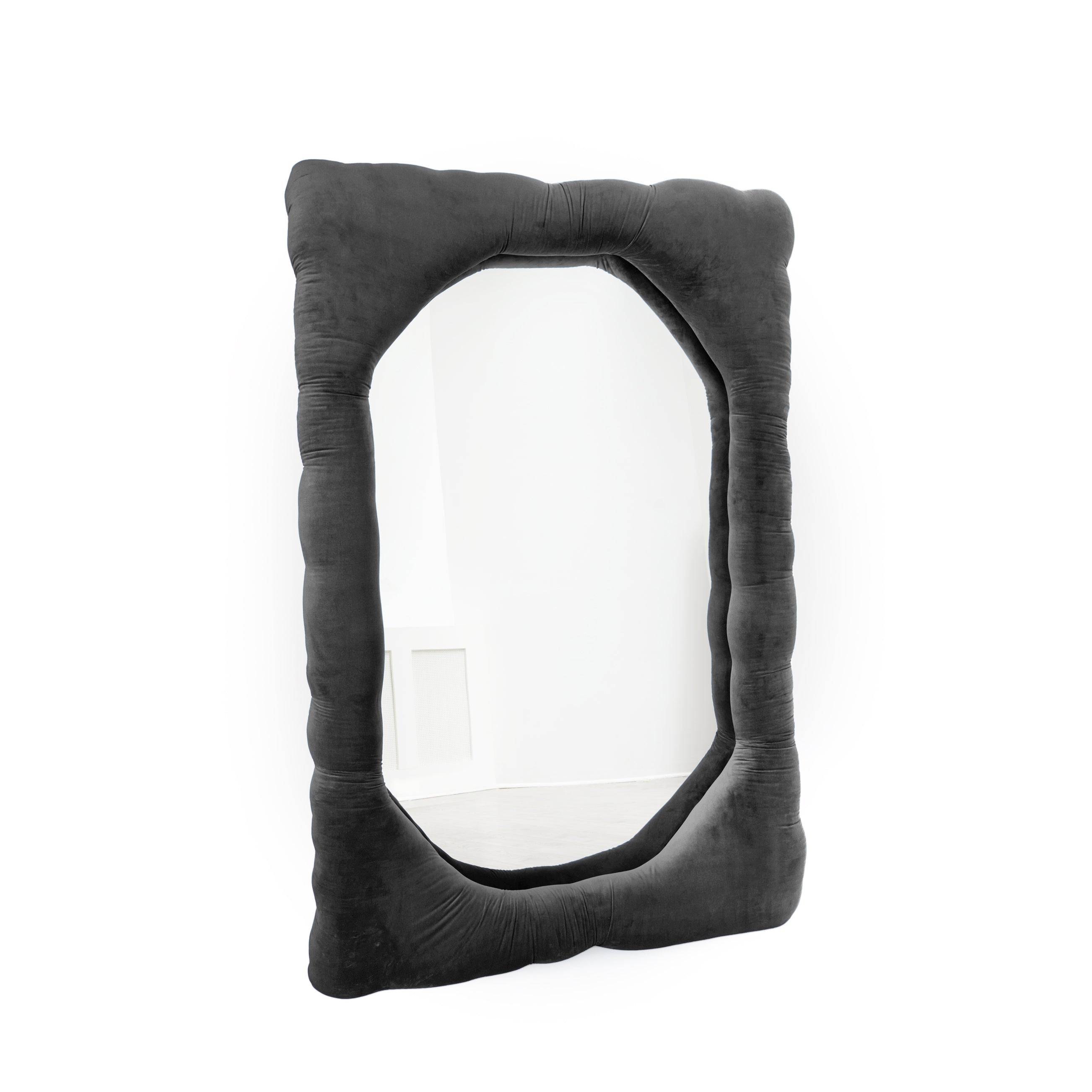 Bespoke velvet mirror in Gray, design by Brandi Howe. Represented by Tuleste Factory, an art & design gallery in Chelsea, New York city.