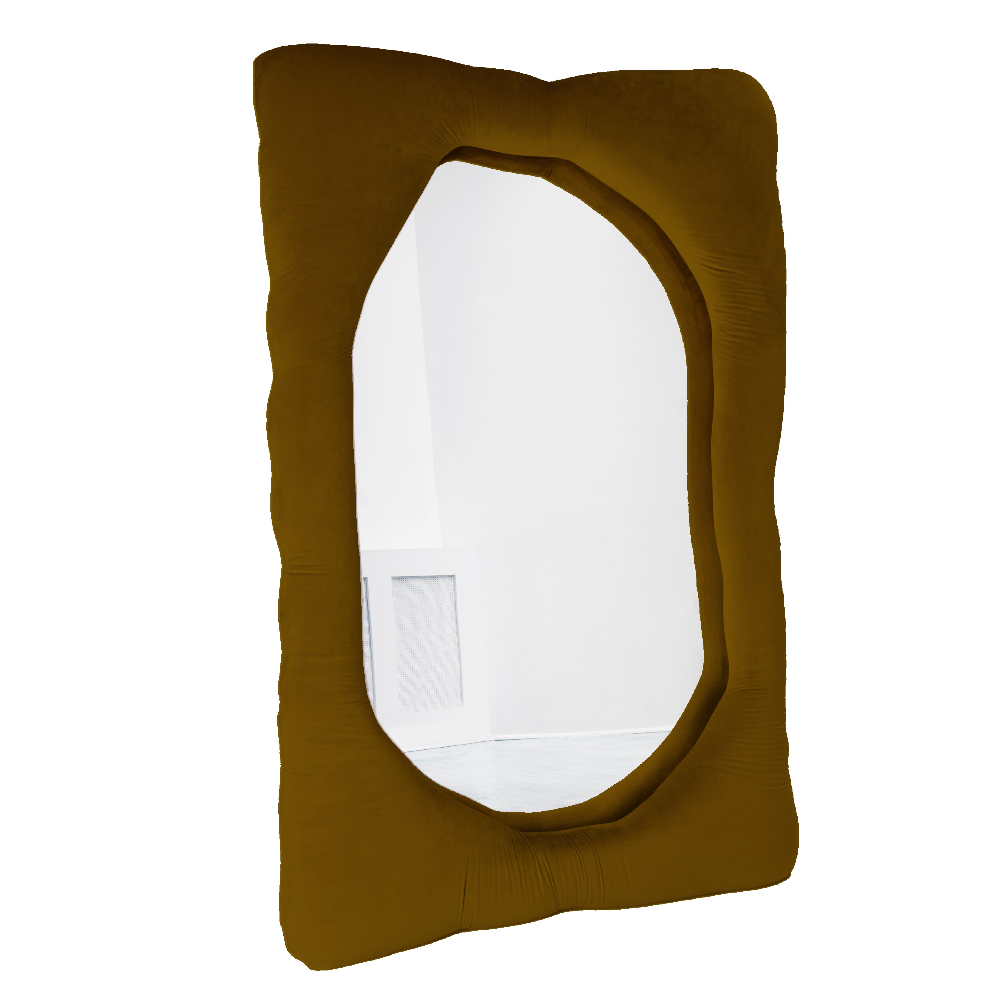 Bespoke velvet mirror in Brass, design by Brandi Howe. Represented by Tuleste Factory, an art & design gallery in Chelsea, New York city.