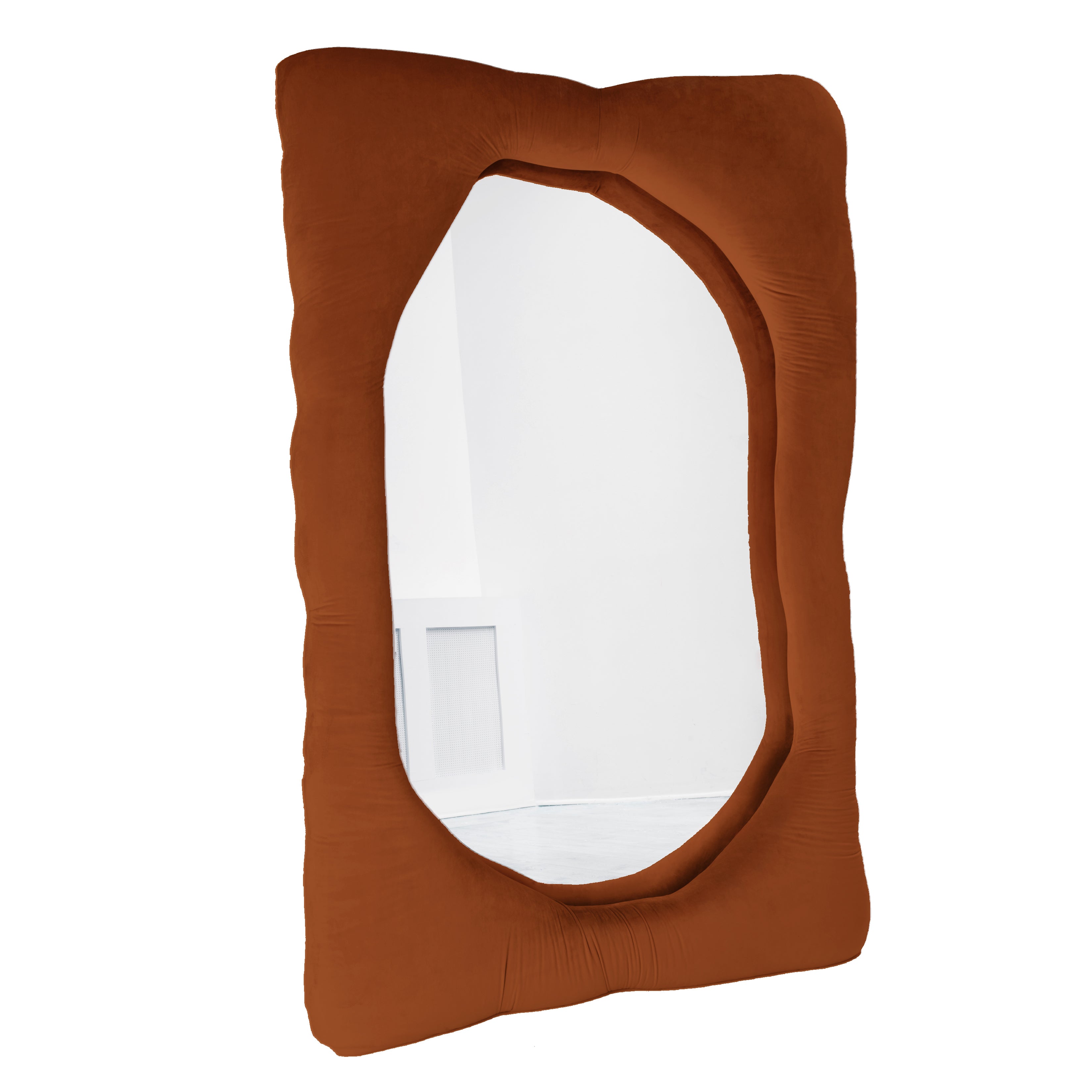 Bespoke velvet mirror in Russet, design by Brandi Howe. Represented by Tuleste Factory, an art & design gallery in Chelsea, New York city.
