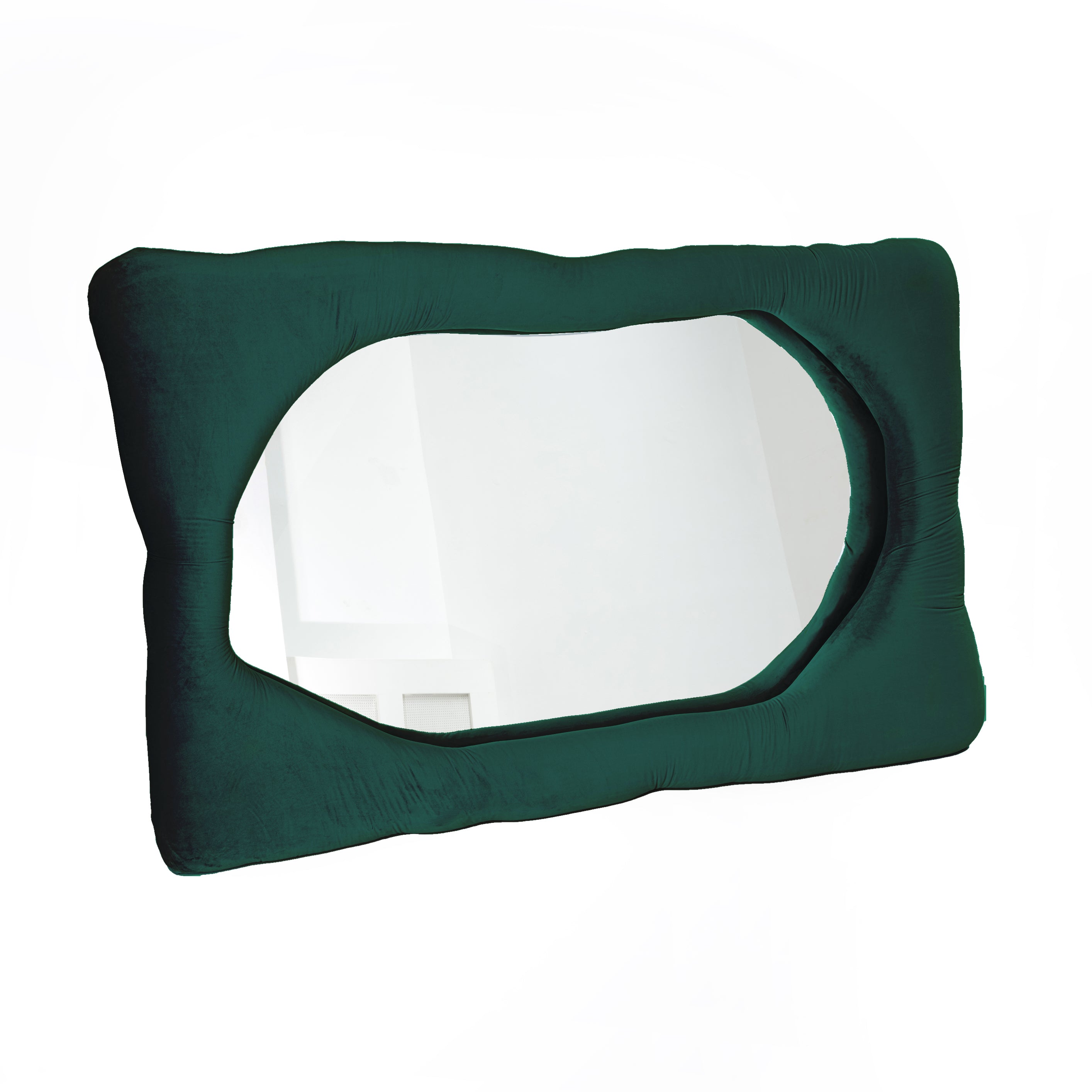 Bespoke velvet mirror in Spruce Green, design by Brandi Howe. Represented by Tuleste Factory, an art & design gallery in Chelsea, New York city.
