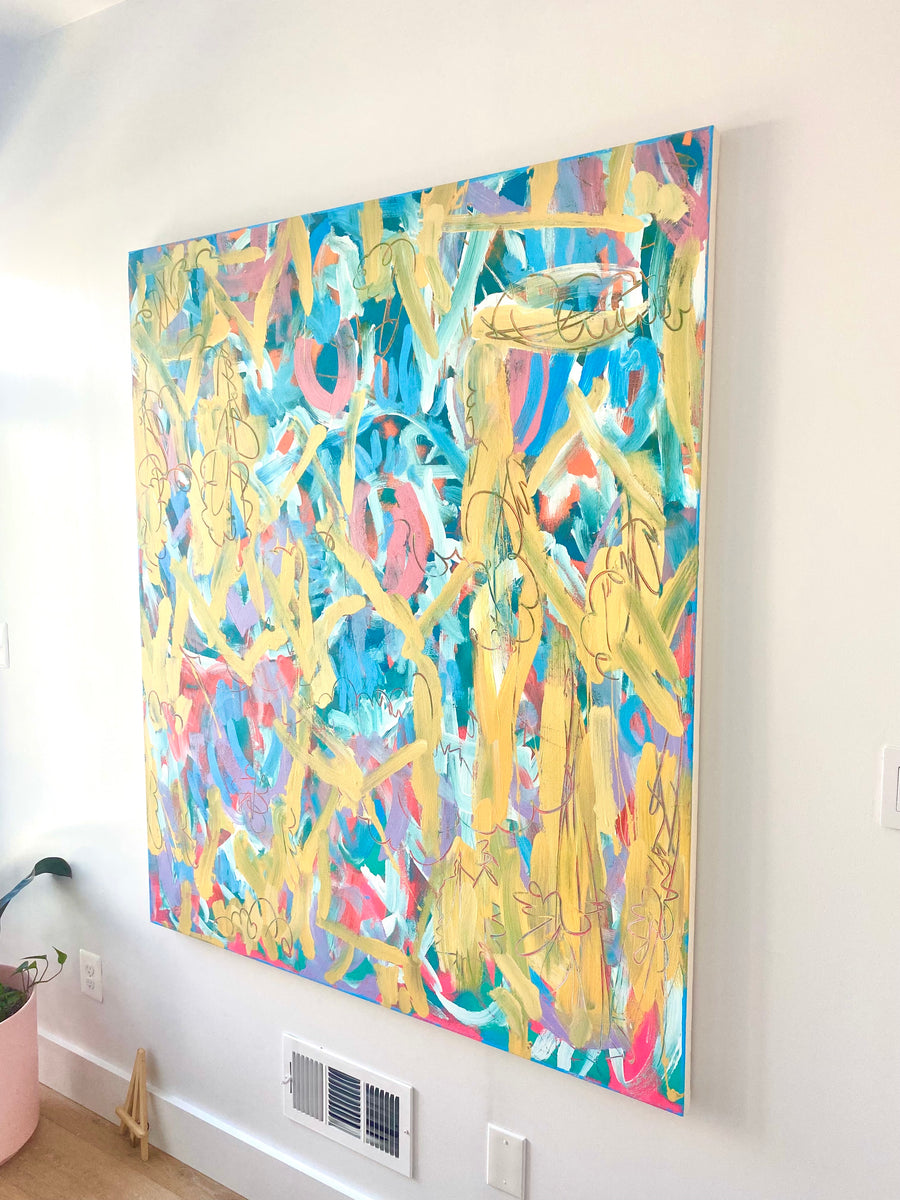 Vibrant Yellow blue and red abstract painting by artist Casey Haugh represented by Tuleste Factory in New York City