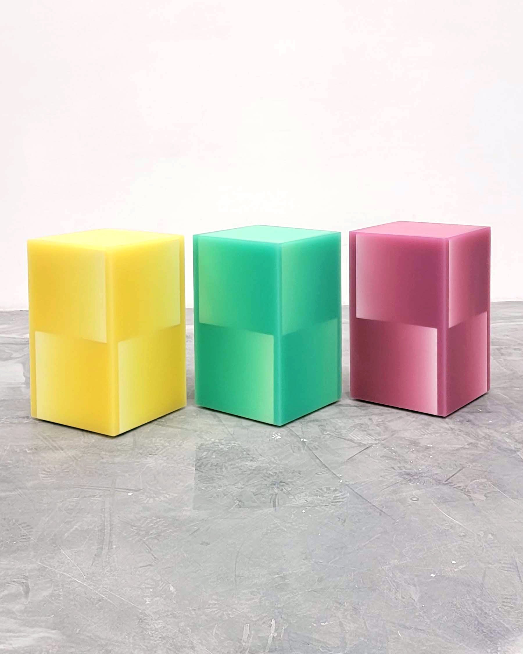 Resin furniture design, stool and side table as sculpture by Facture Studio. Represented by Tuleste Factory in New York City.