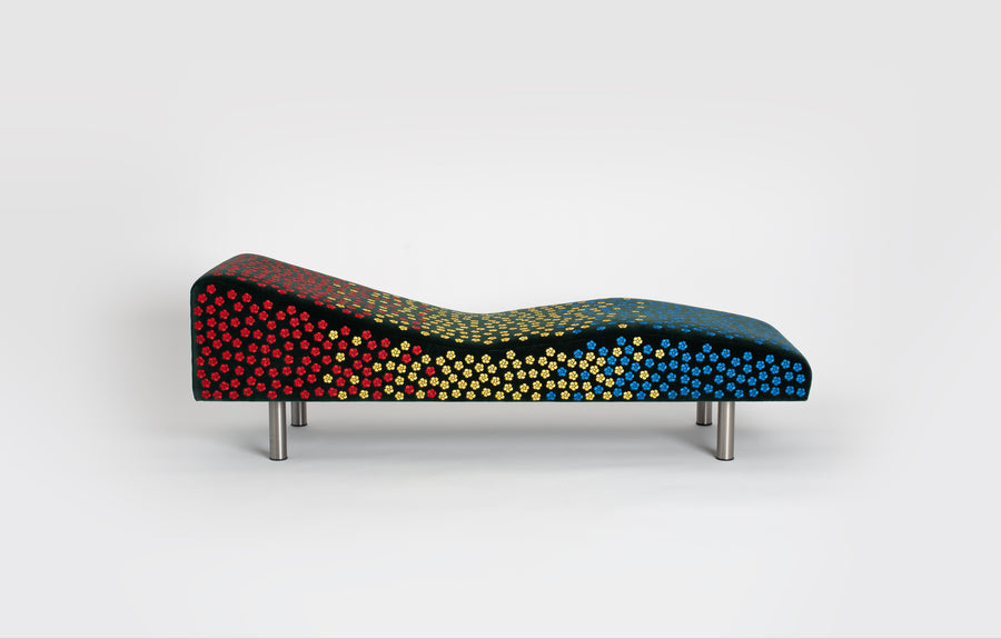 Designer chaise lounge in velvet and wood, with primary color flowers. Handcrafted by designer Winston Cuevas. Represented by fine art and collectible design gallery Tuleste Factory in New York City.