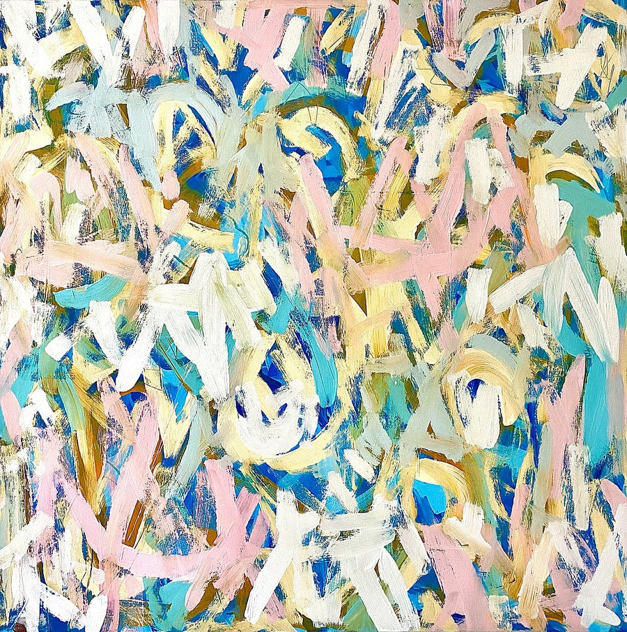 Pink, blue, and yellow abstract painting by artist Casey Haugh represented by Tuleste Factory in New York City