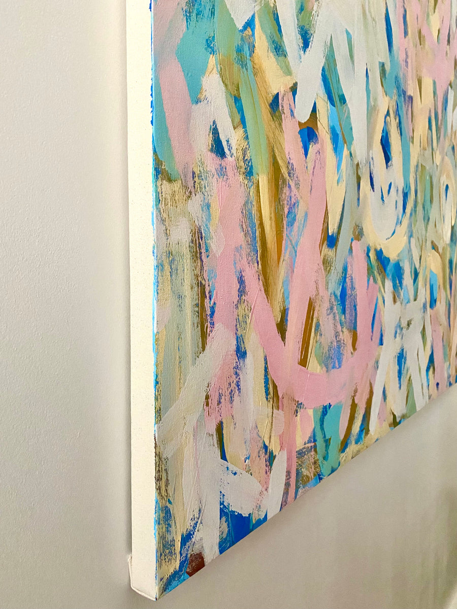 Pink, blue, and yellow abstract painting by artist Casey Haugh represented by Tuleste Factory in New York City