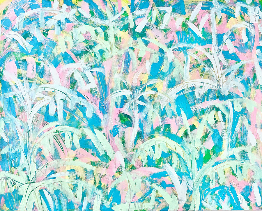 Blue, pastel green, and pink abstract acrylic painting by artist Casey Haugh represented by Tuleste Factory in New York City 
