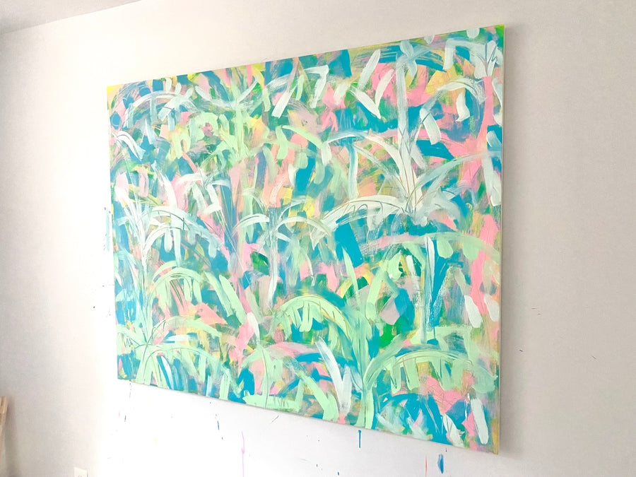 Blue, pastel green, and pink abstract acrylic painting by artist Casey Haugh represented by Tuleste Factory in New York City
