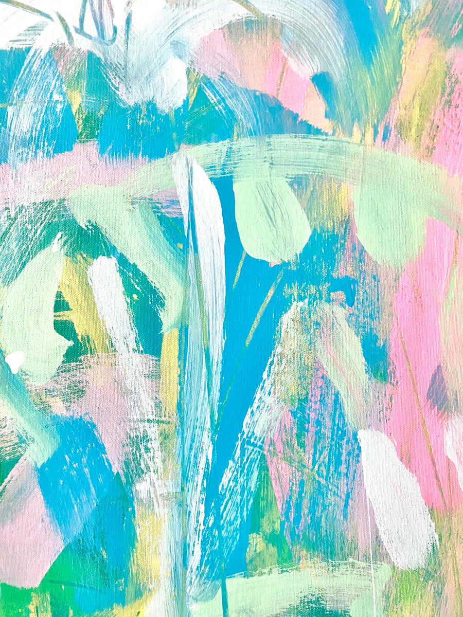 Blue, pastel green, and pink abstract acrylic painting by artist Casey Haugh represented by Tuleste Factory in New York City