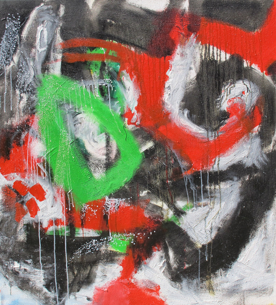 Green and red complementary abstract painting by Danish artist Henrik Sandner. Represented by fine art gallery Tuleste Factory, NYC.